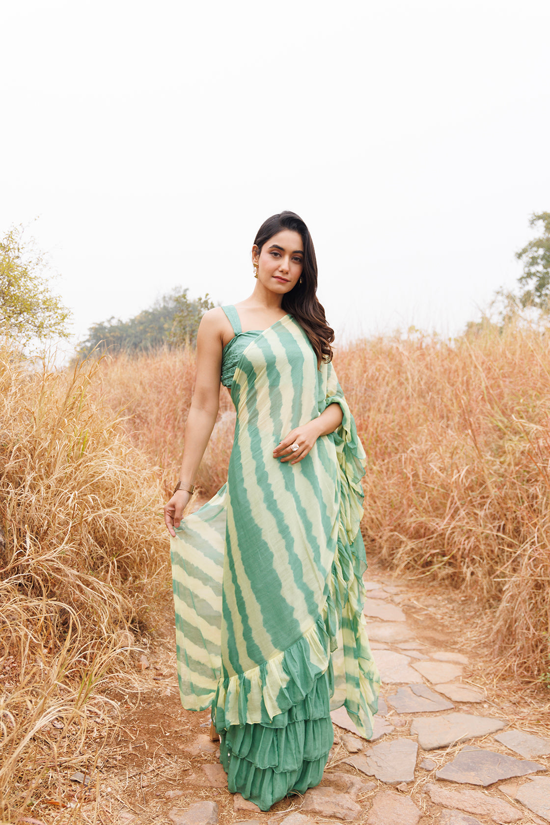 Green & Yellow Ruffle Chiffon Saree  Stitched Leheriya Chiffon Saree