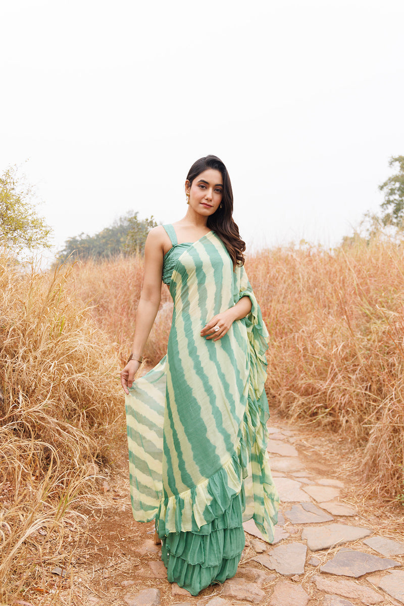 Green & Yellow Ruffle Chiffon Saree  Stitched Leheriya Chiffon Saree