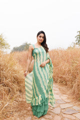 Green & Yellow Ruffle Chiffon Saree  Stitched Leheriya Chiffon Saree