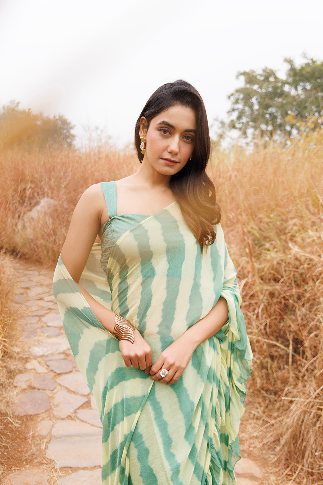 Green & Yellow Ruffle Chiffon Saree  Stitched Leheriya Chiffon Saree