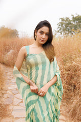 Green & Yellow Ruffle Chiffon Saree  Stitched Leheriya Chiffon Saree