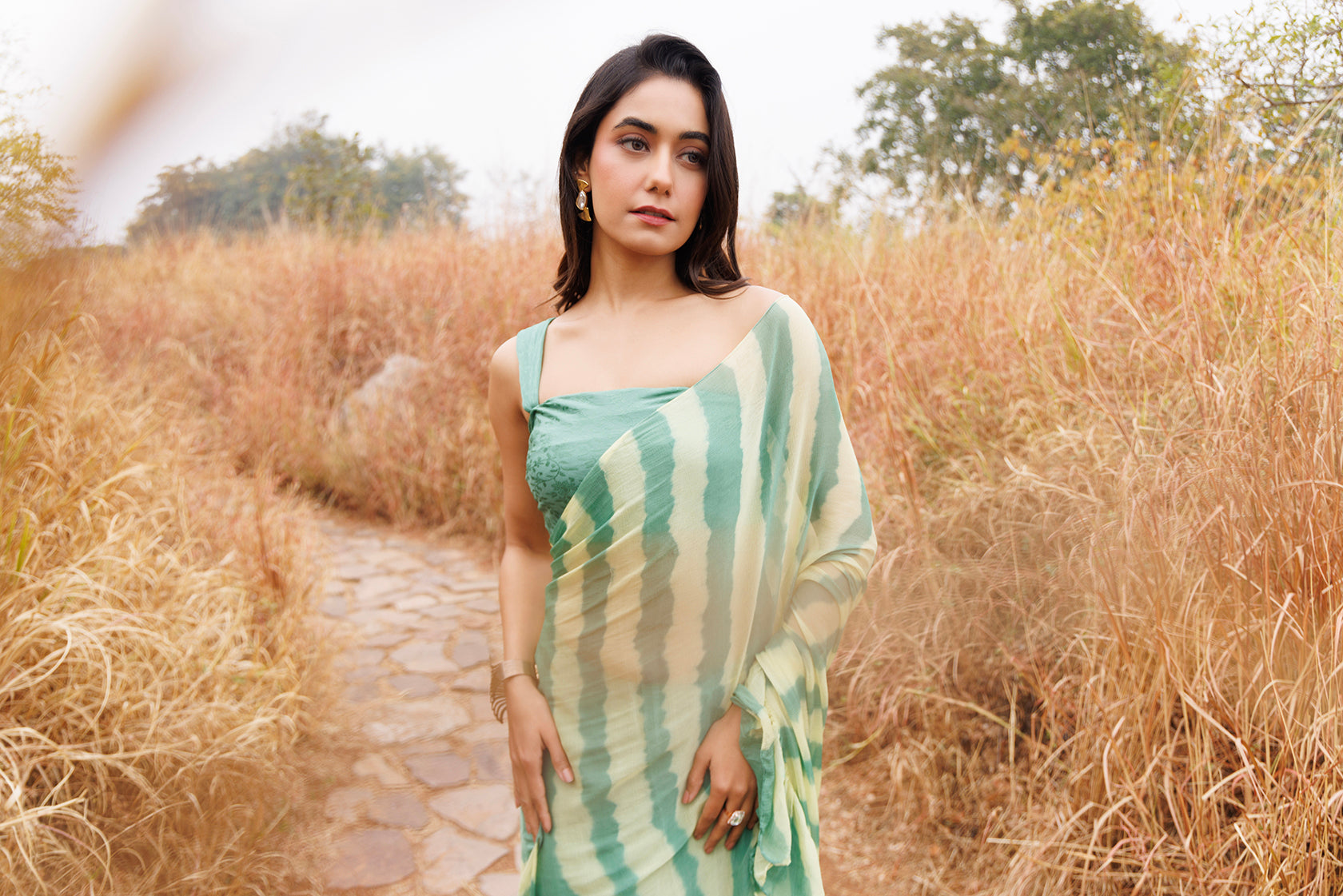Green & Yellow Ruffle Chiffon Saree  Stitched Leheriya Chiffon Saree