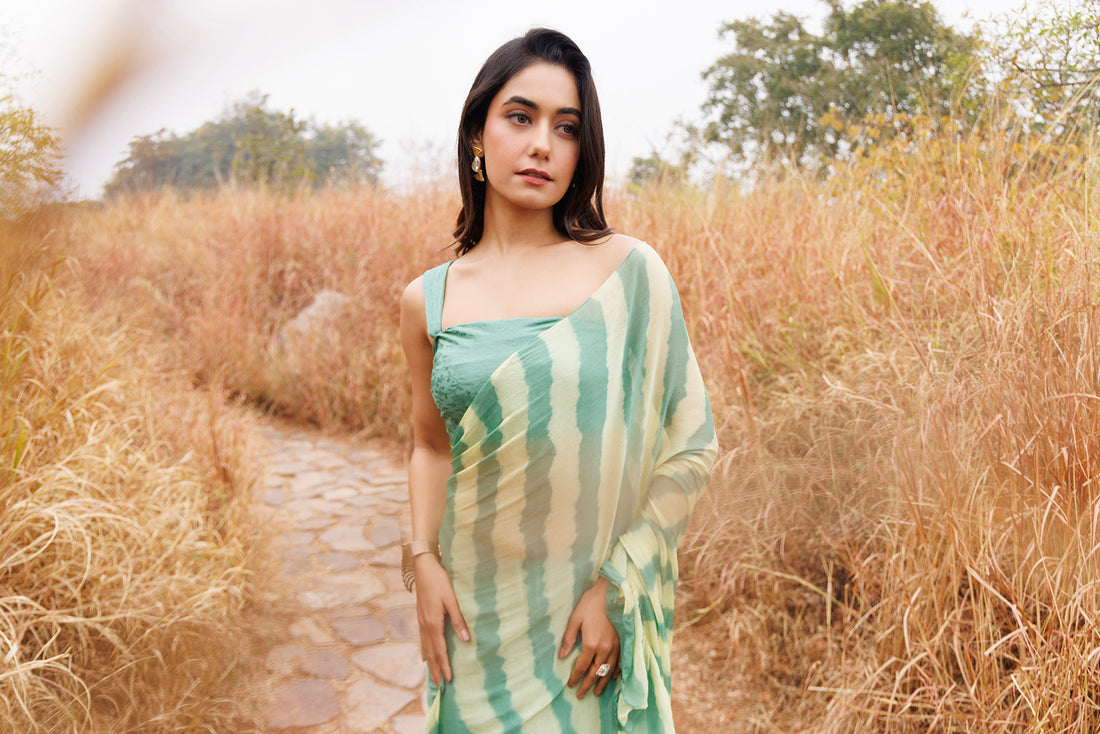 Green & Yellow Ruffle Chiffon Saree  Stitched Leheriya Chiffon Saree
