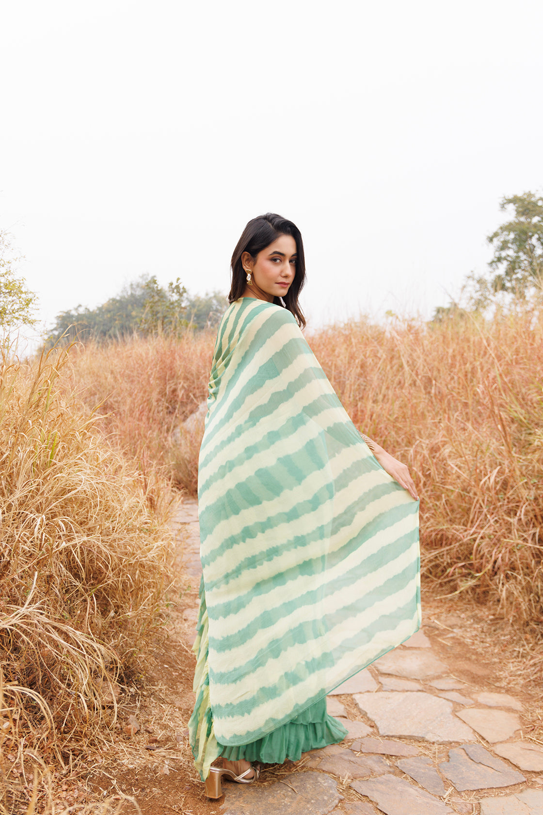 Green & Yellow Ruffle Chiffon Saree  Stitched Leheriya Chiffon Saree