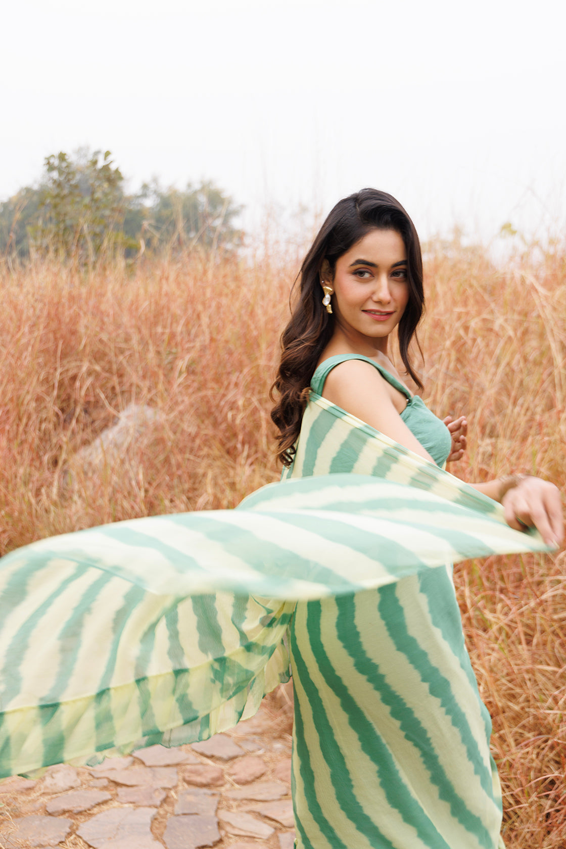 Green & Yellow Ruffle Chiffon Saree  Stitched Leheriya Chiffon Saree