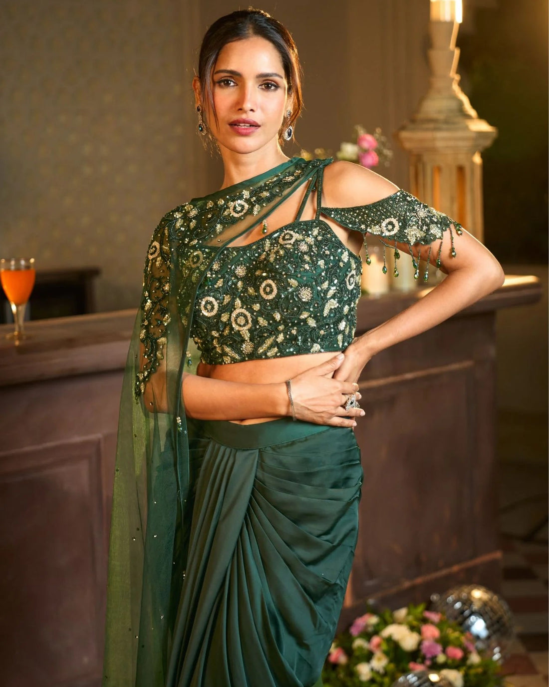 Couture Handcrafted Net Top Drape Skirt Set