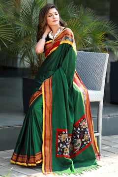 Green Khun Saree with Hand Painted Kalamkari Patch Pallu