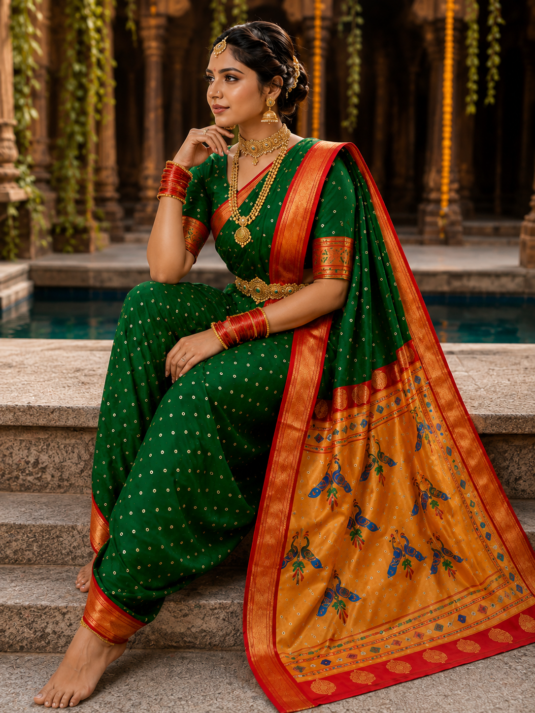 Sindoori Red 9 Yard Soft Silk Paithani Saree with Kalash Peacock Pallu