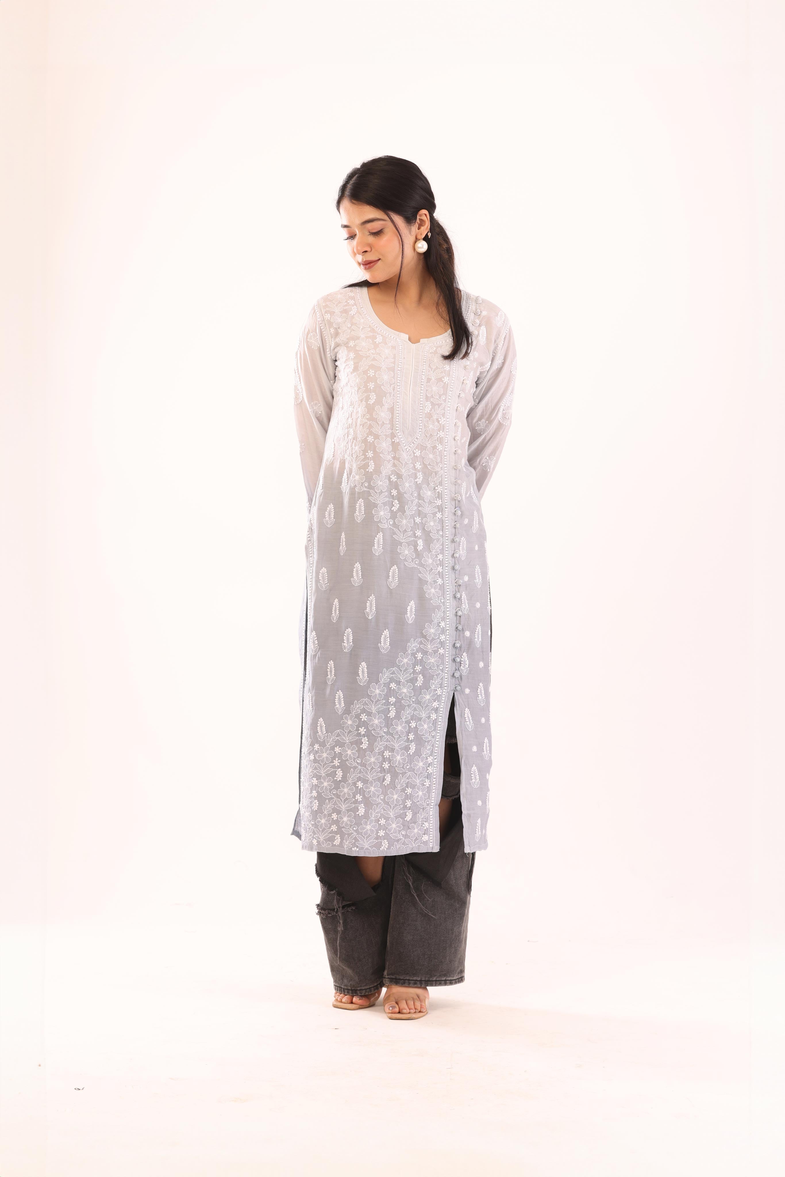 grey ombre long chikankari muslin kurti