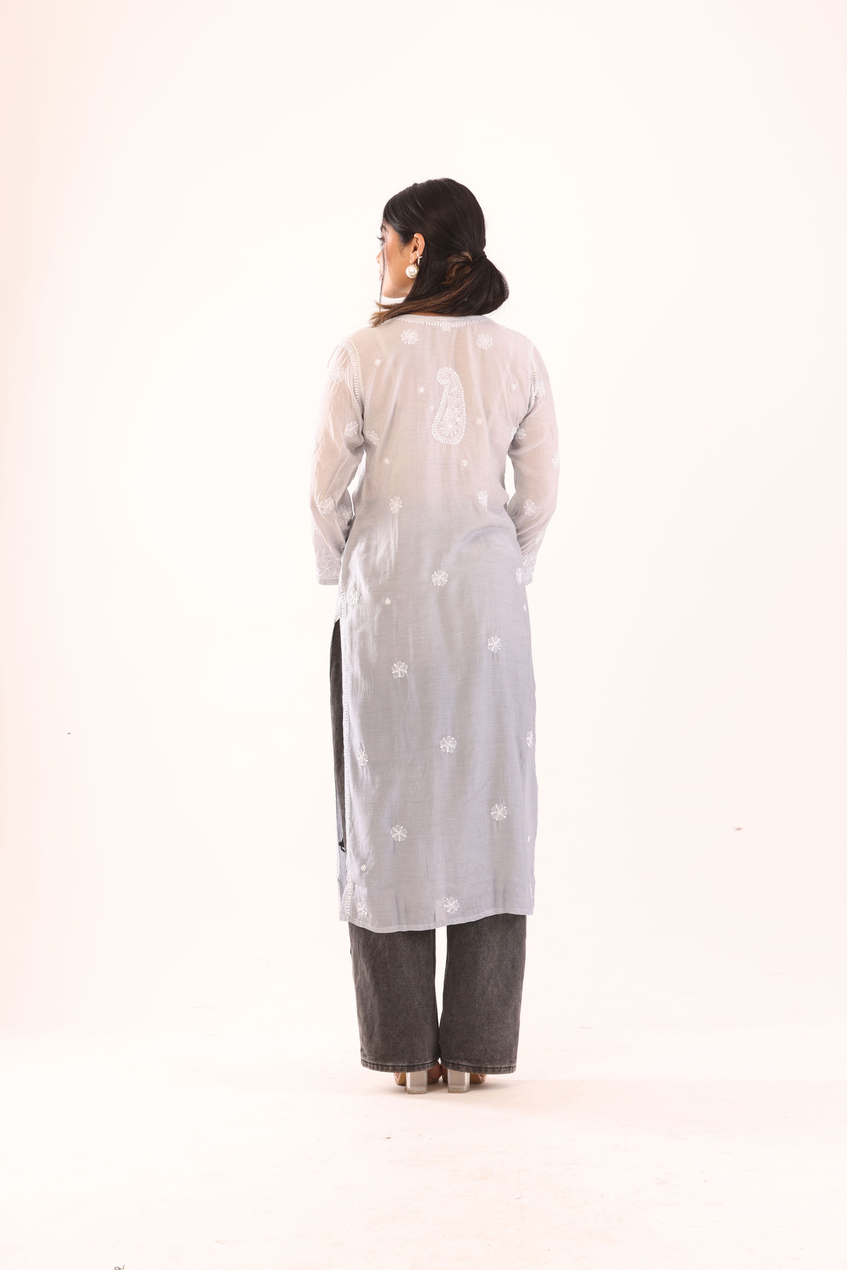 grey ombre long chikankari muslin kurti