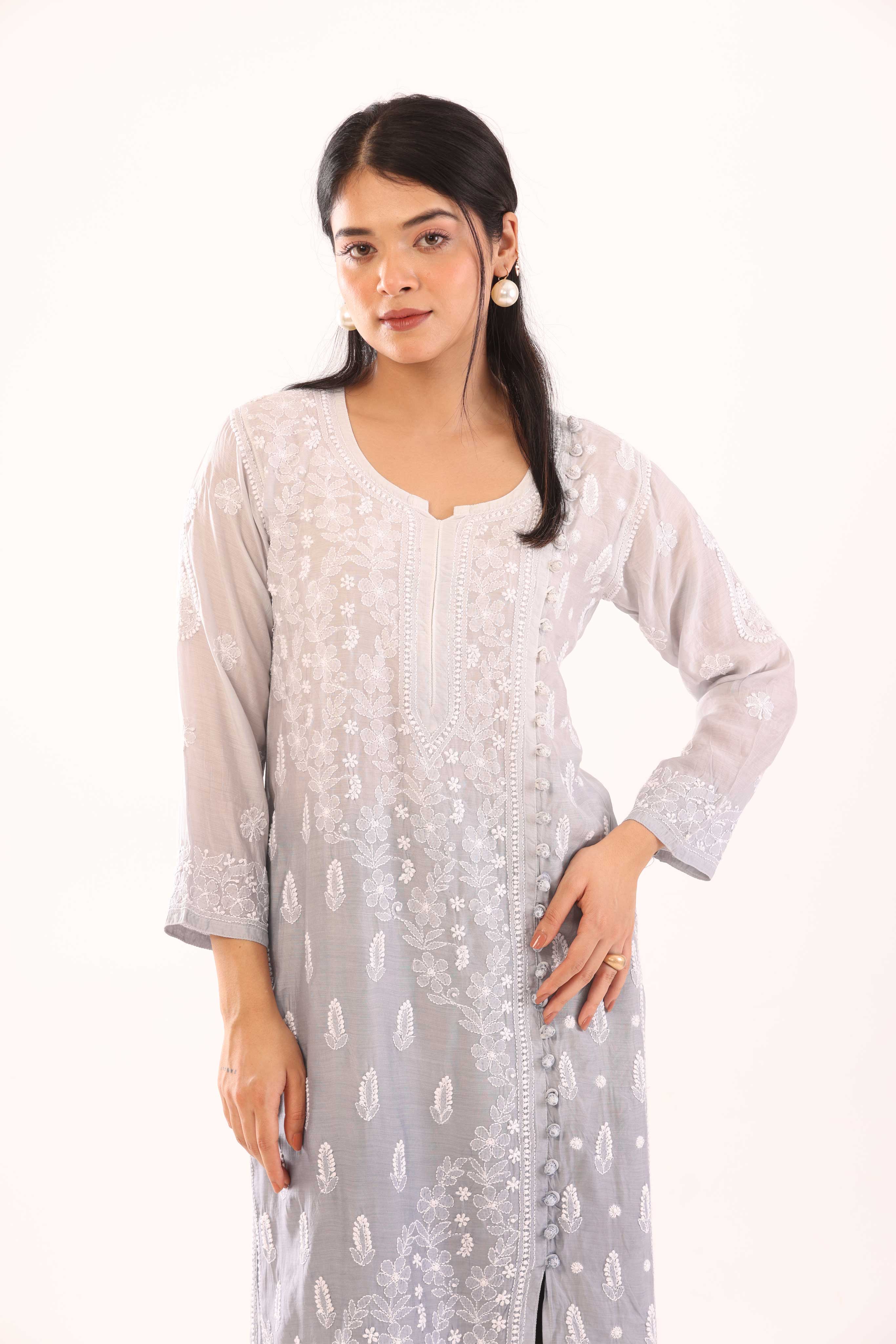 grey ombre long chikankari muslin kurti