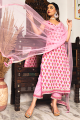 Pink hand block printed cotton suit for women