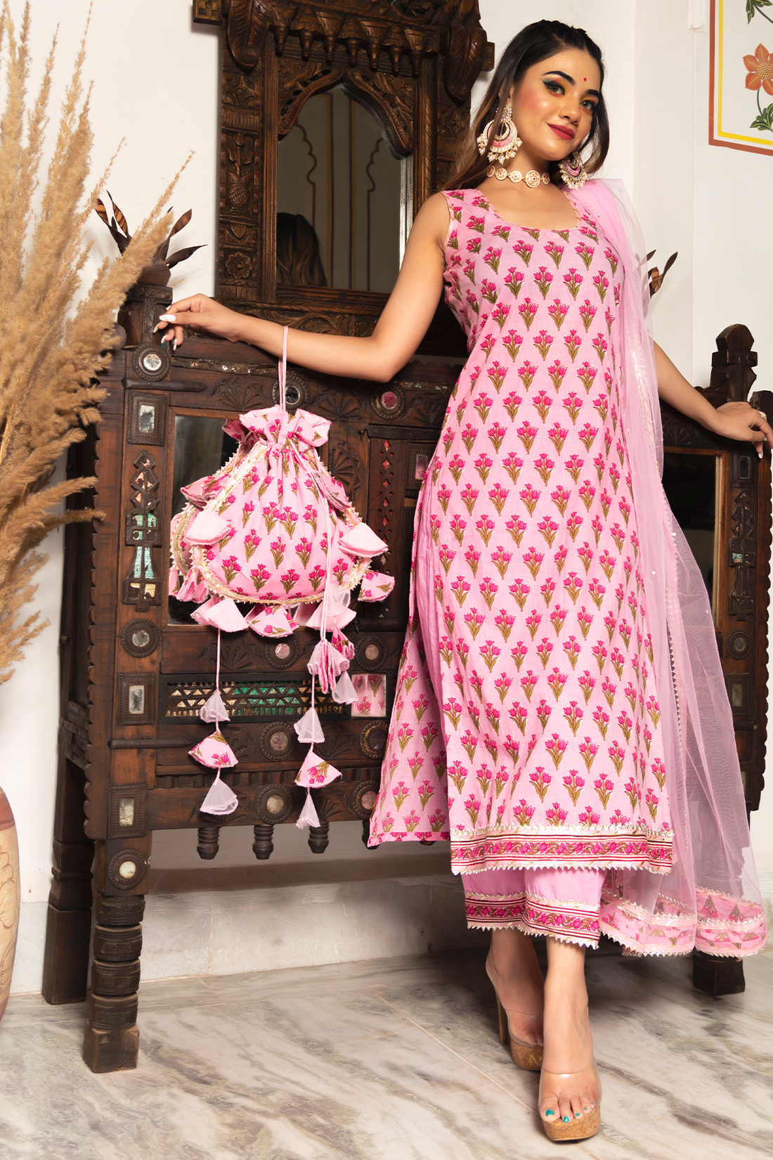 Gulbahar Pink Hand Block Print Suit Set With Net Dupatta
