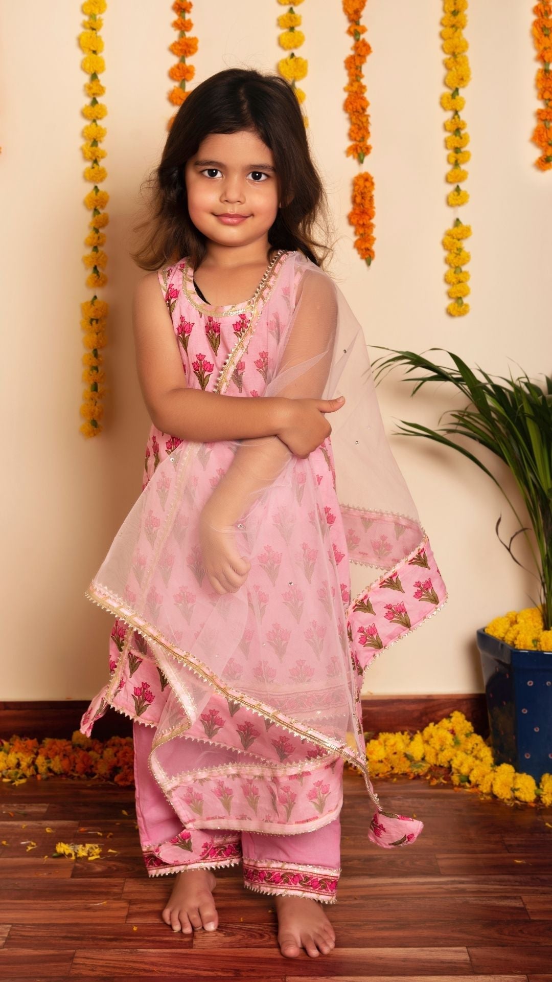 Gulbhar Pink Hand Block Kurta Set for Girls Kids