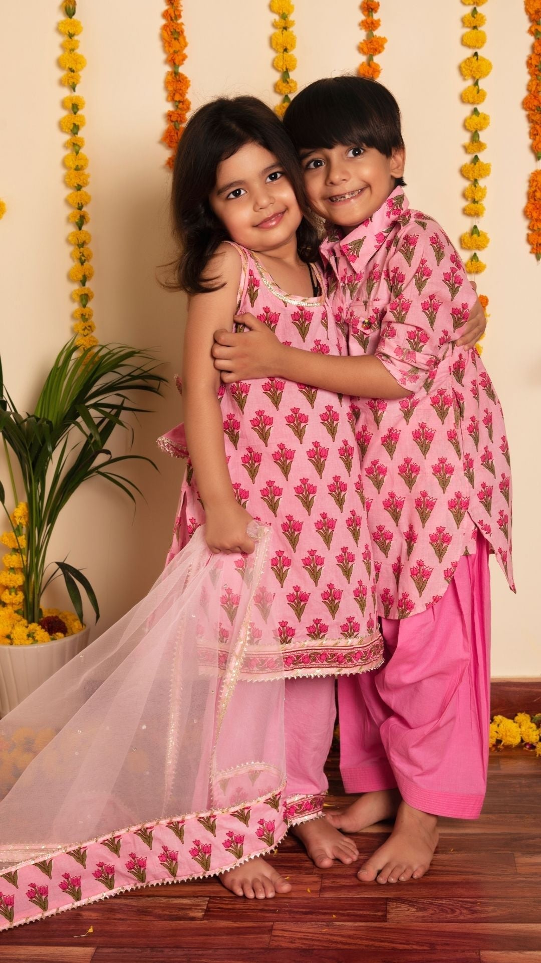 Gulbhar Pink Hand Block Kurta Set for Girls Kids