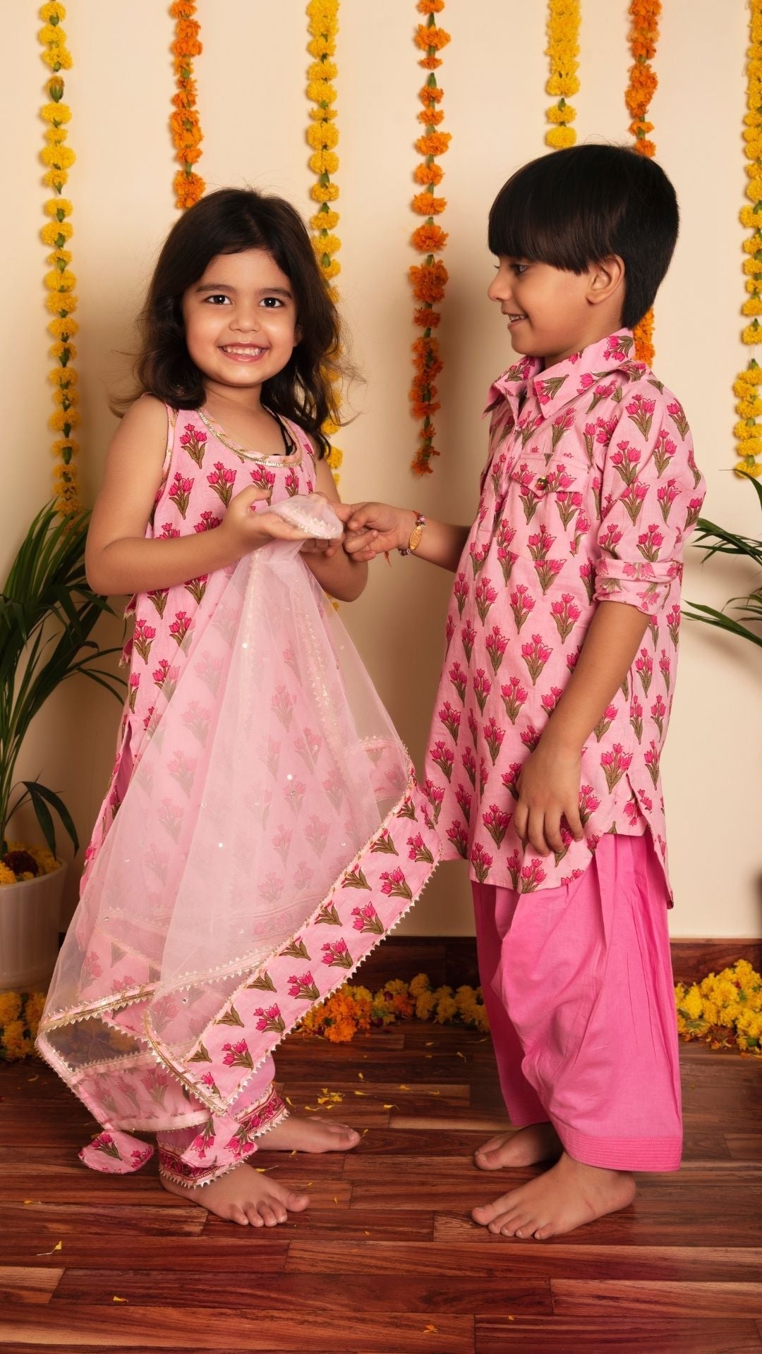 Gulbhar Pink Hand Block Kurta Set for Girls Kids