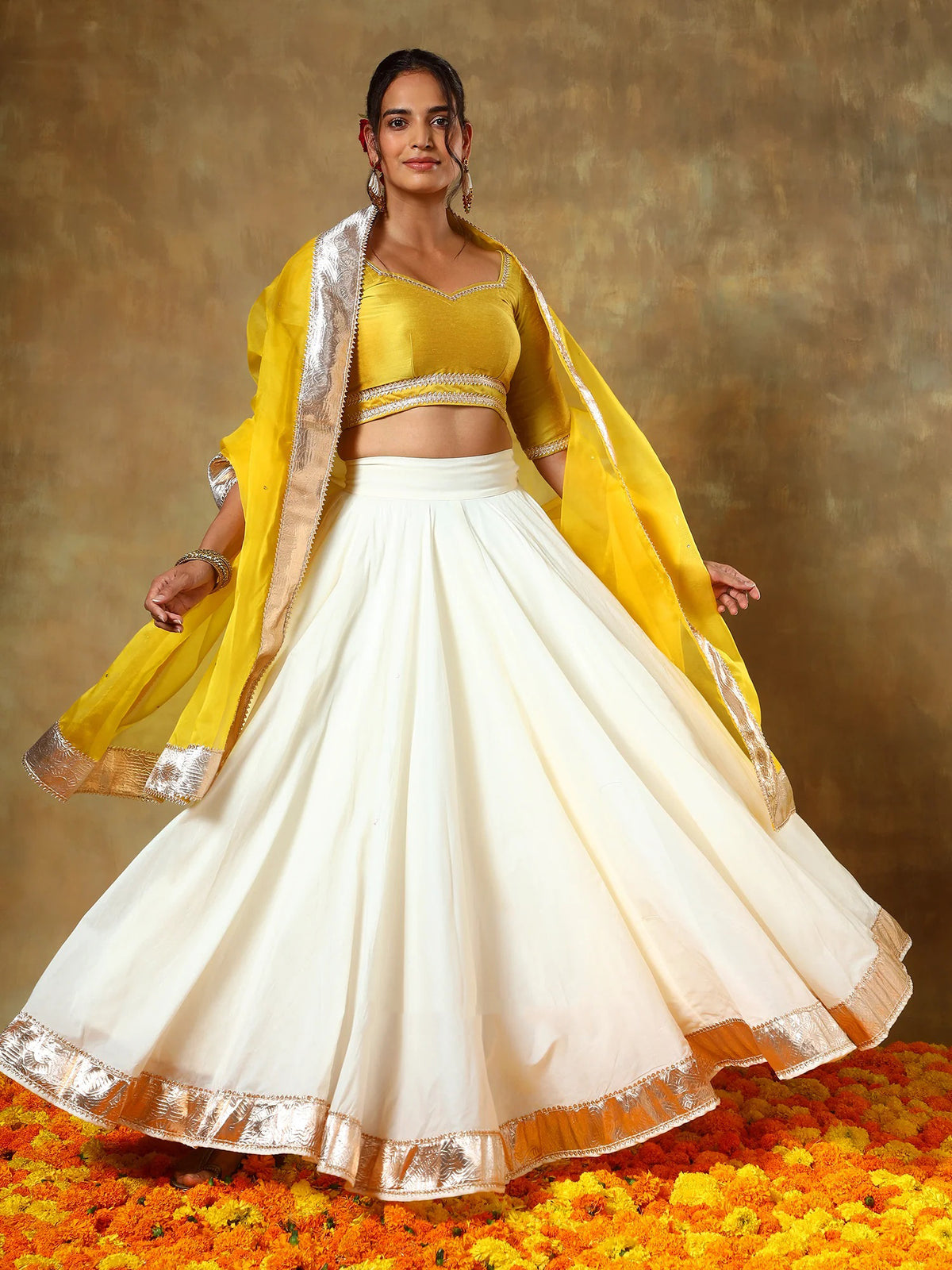 Women’s Yellow Off-White Lehenga with Organza Dupatta