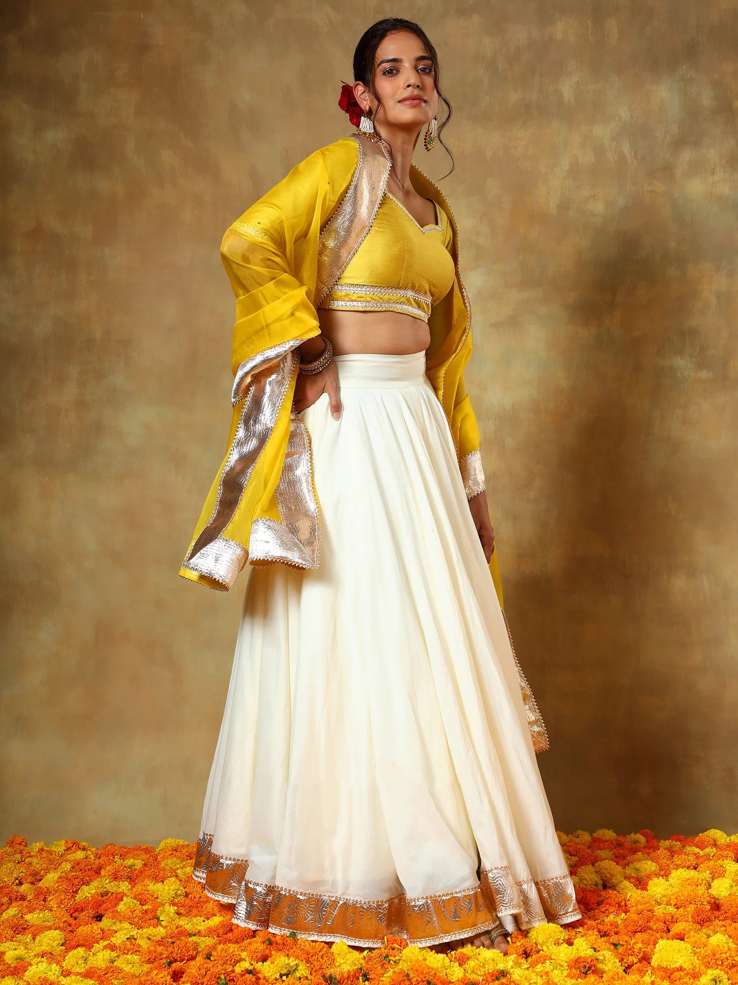 yellow off white lehenga