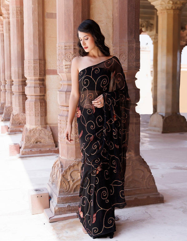 Hand Embroidered Sequins Jaal Black Chiffon Saree