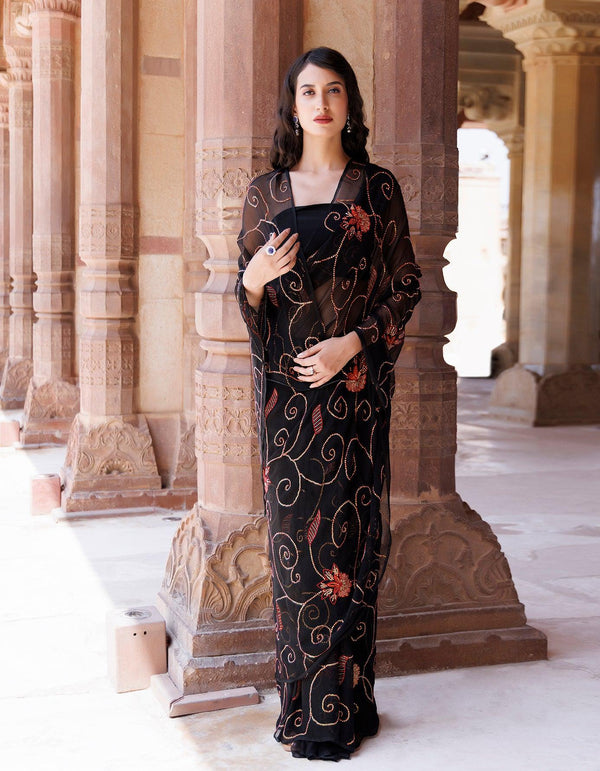 Hand Embroidered Sequins Jaal Black Chiffon Saree