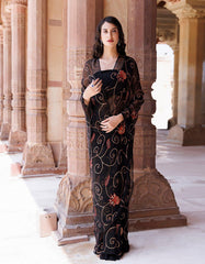 Hand Embroidered Sequins Jaal Black Chiffon Saree