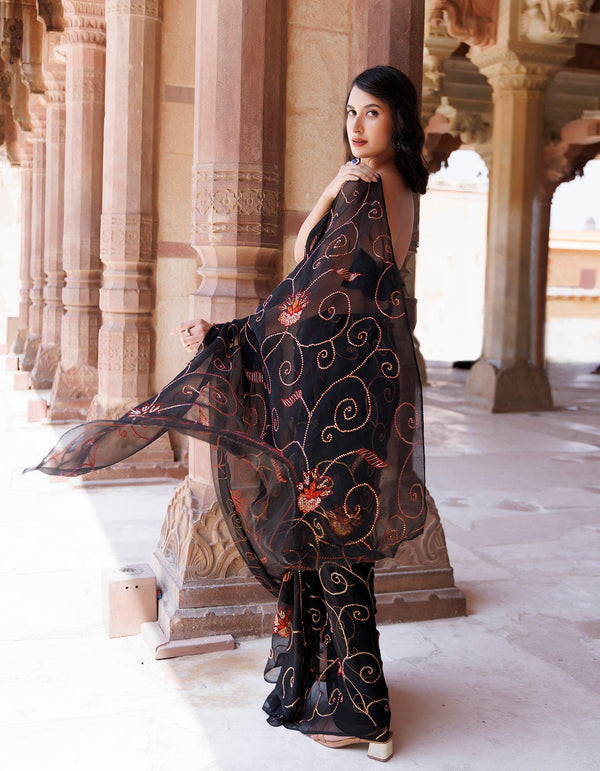 Hand Embroidered Sequins Jaal Black Chiffon Saree