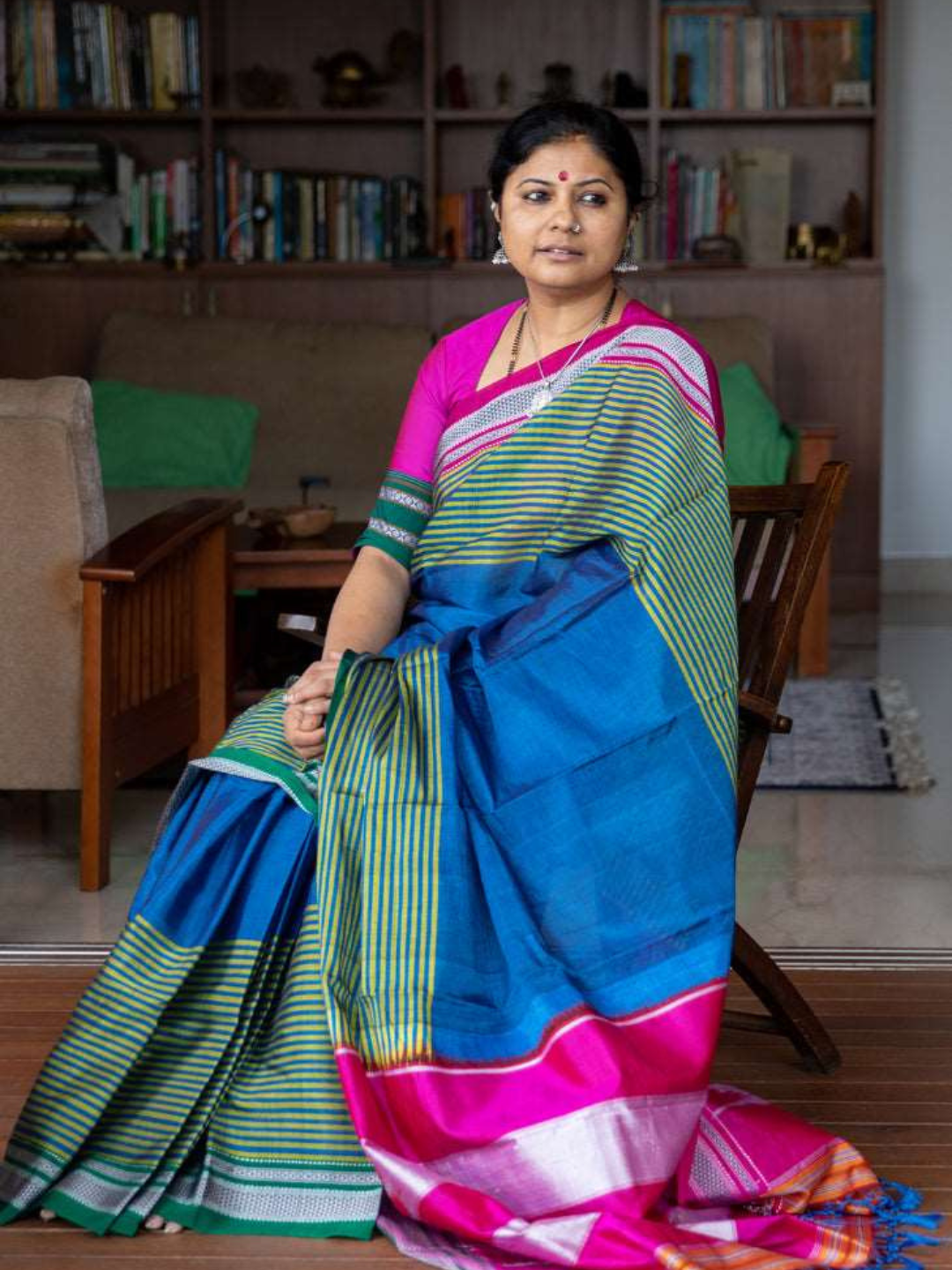 Pure Ilkal Blue Saree with Pink Pallu