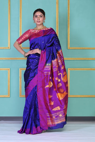 Handloom Pure Silk Dark Violet Muniya Border Paithani Saree