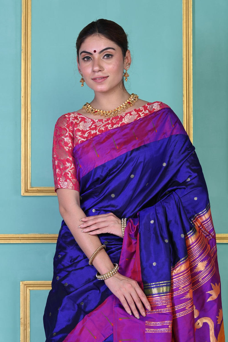 Handloom Pure Silk Dark Violet Muniya Border Paithani Saree