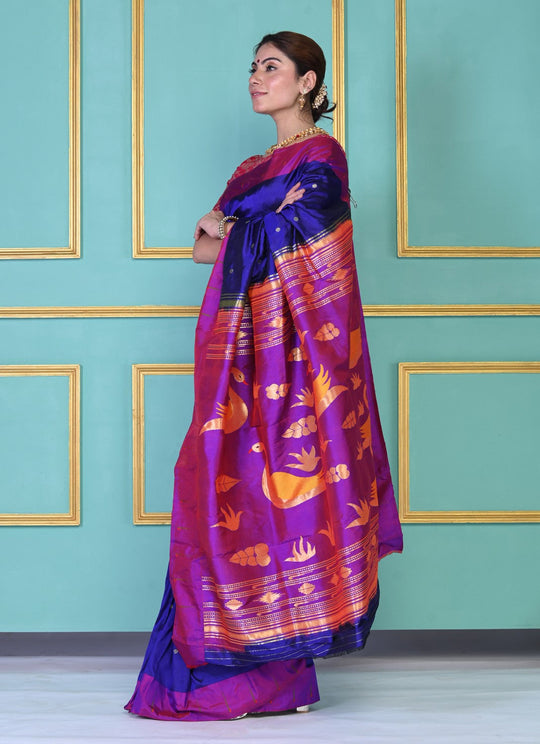 Handloom Pure Silk Dark Violet Muniya Border Paithani Saree