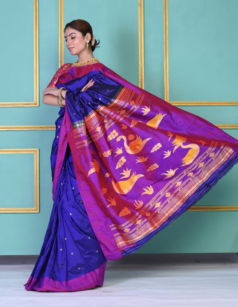 Handloom Pure Silk Dark Violet Muniya Border Paithani Saree