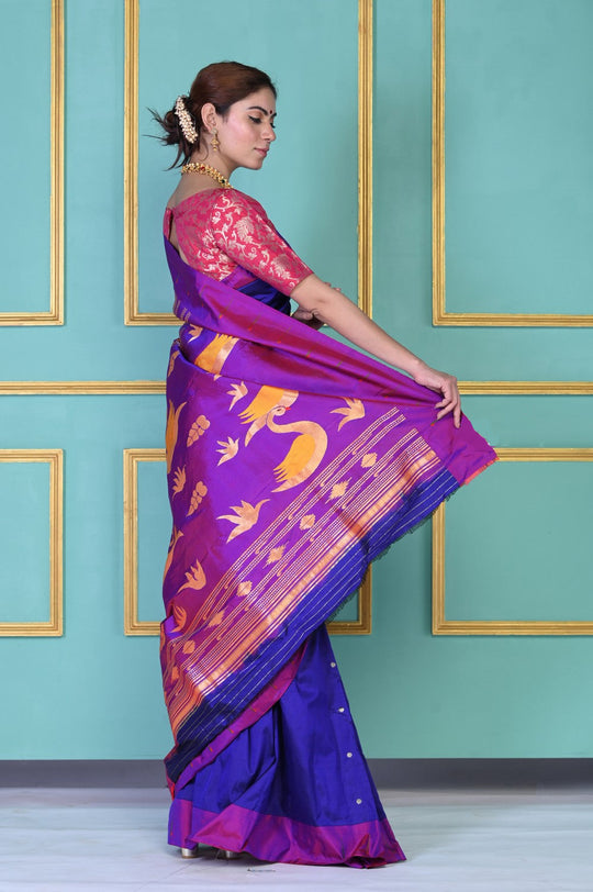 Handloom Pure Silk Dark Violet Muniya Border Paithani Saree