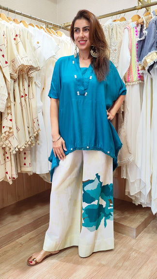 Teal blue kaftan top set