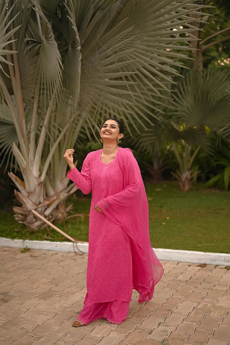 Hot Pink Viscose Chikankari Palazzo Set