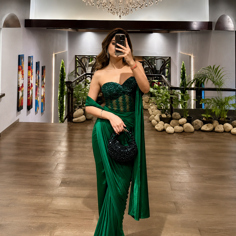 Emerald Green Off-Shoulder Corset Saree
