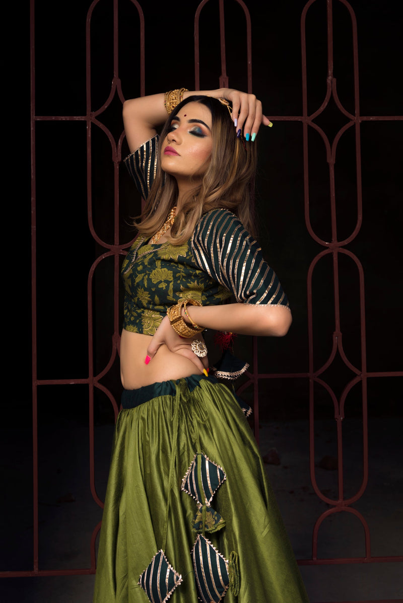 Green Cotton Silk Lehenga With Net Dupatta