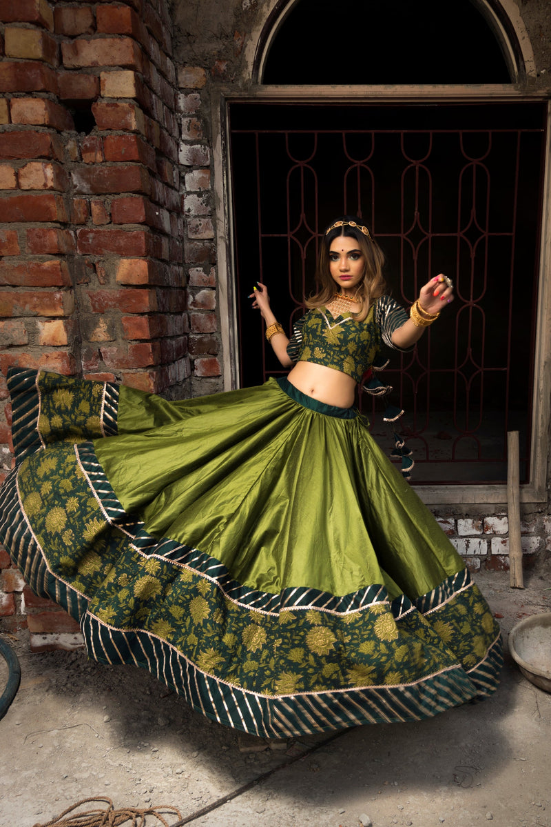 Green Cotton Silk Lehenga With Net Dupatta