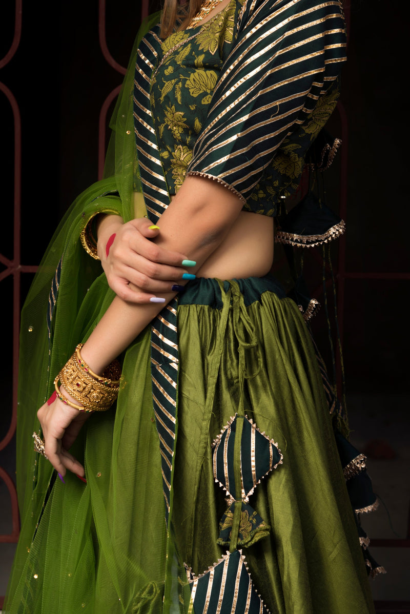 Green Cotton Silk Lehenga With Net Dupatta