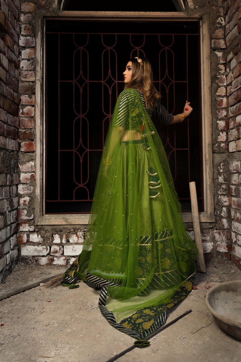 Green Cotton Silk Lehenga With Net Dupatta