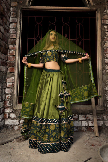 Green Cotton Silk Lehenga With Net Dupatta