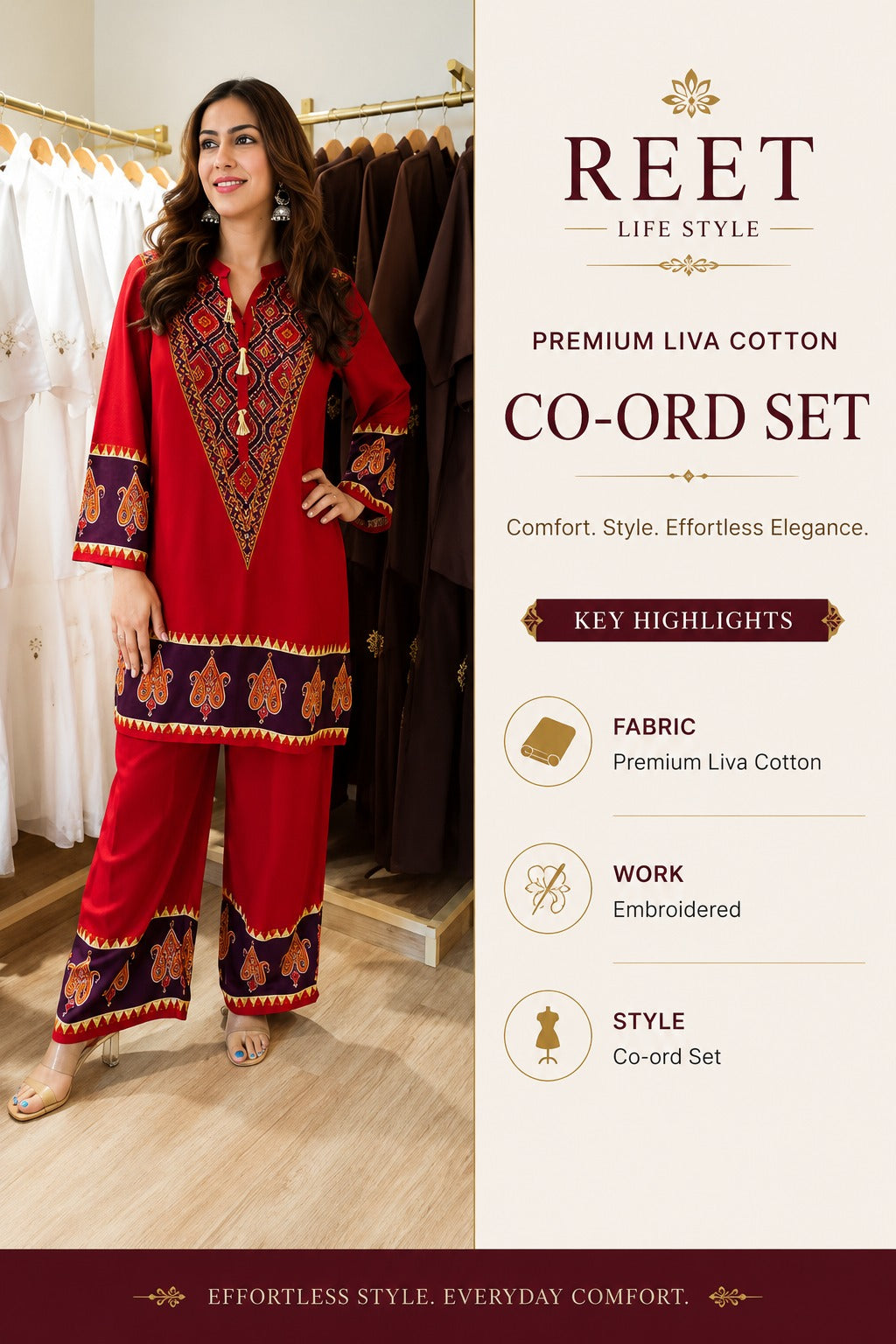 Red Ethnic V-Neck Co-ord Set with Paisley Border Detailing