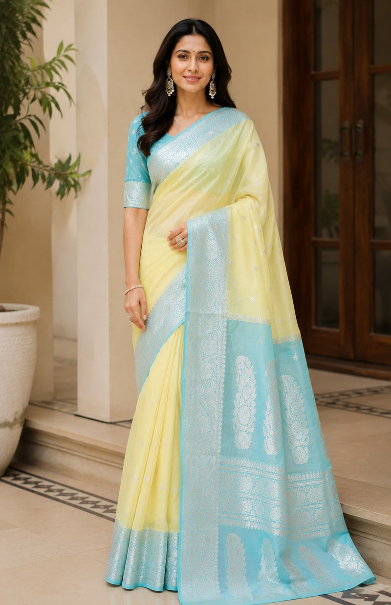 Pastel Yellow & Aqua Blue Banarasi Pure Chiffon Silk Saree with Silver Zari Work