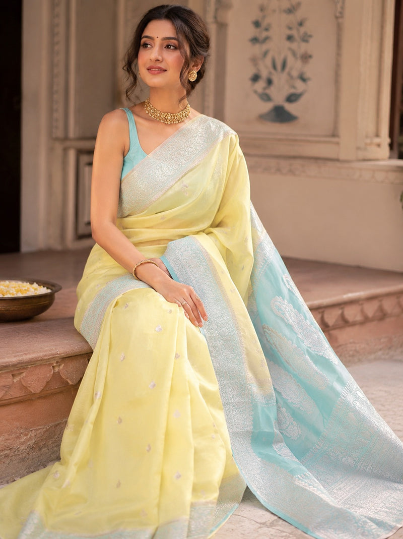 Pastel Yellow & Aqua Blue Banarasi Pure Chiffon Silk Saree with Silver Zari Work