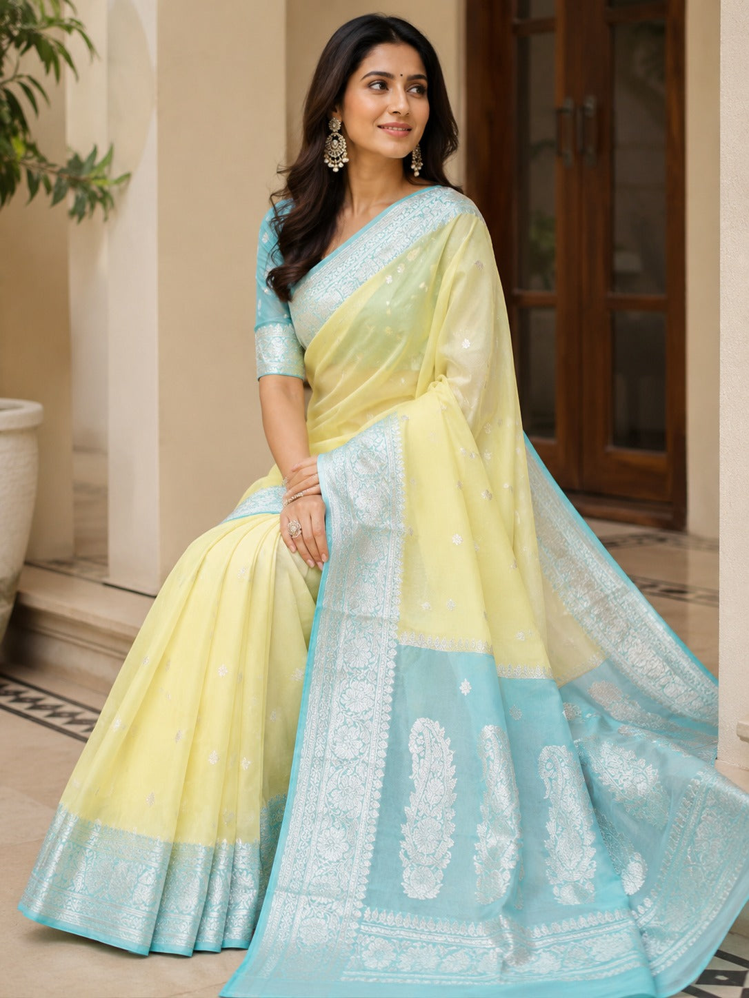 Pastel Yellow & Aqua Blue Banarasi Pure Chiffon Silk Saree with Silver Zari Work