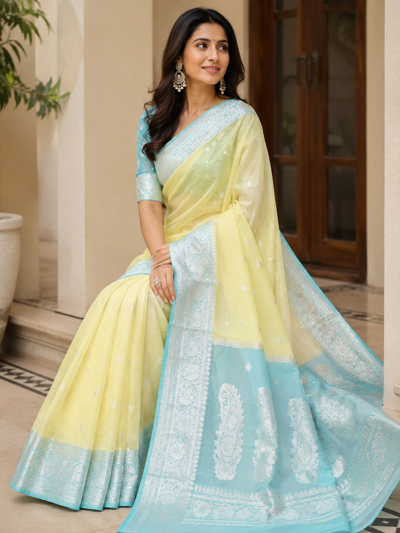 Pastel Yellow & Aqua Blue Banarasi Pure Chiffon Silk Saree with Silver Zari Work