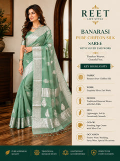 Mint Green Chiffon Saree with Silver Zari Woven Border