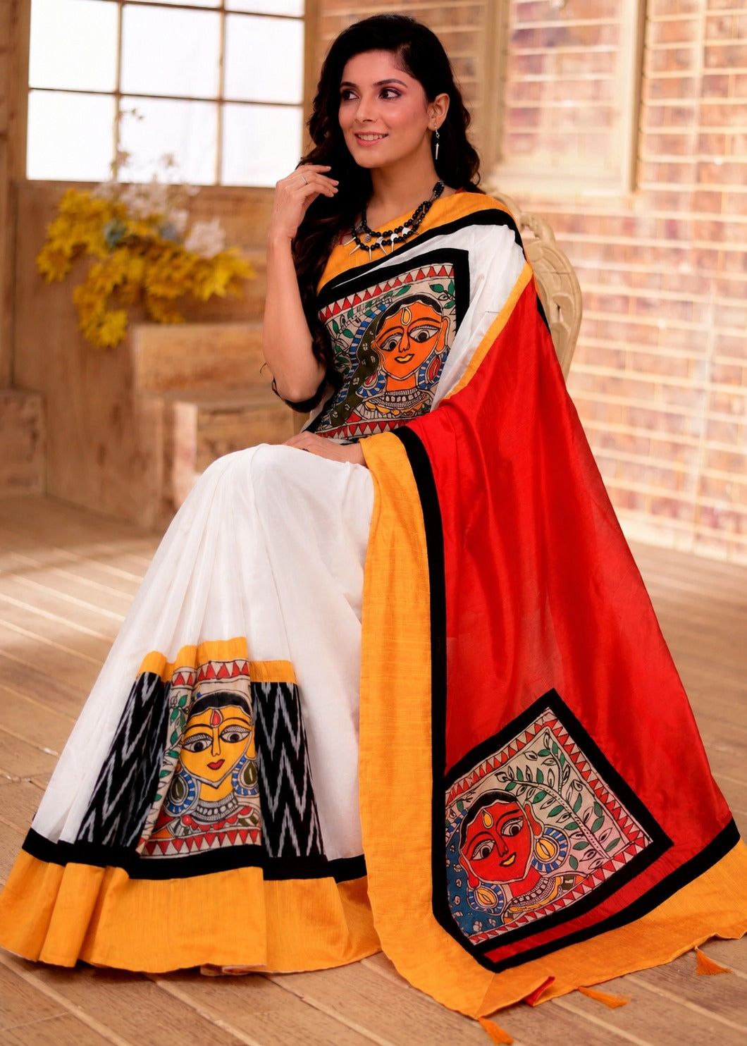 Chanderi Saree with Hand-Painted Madhubani & Ikat Combination
