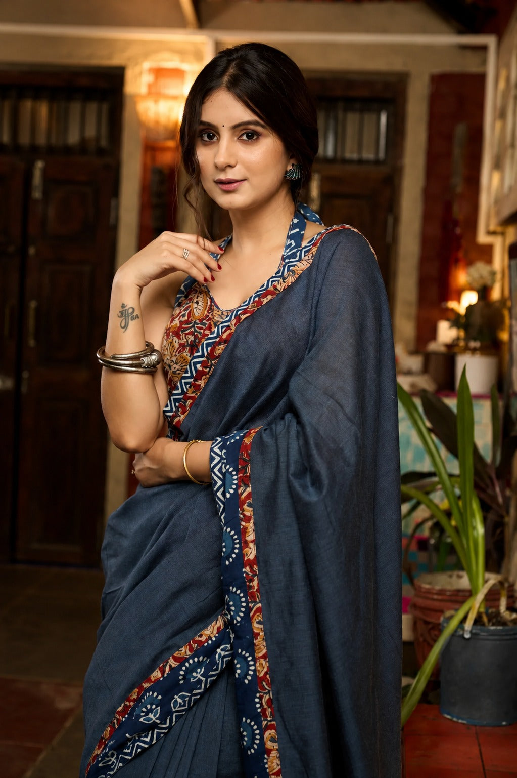 Neelambara Cotton Saree with Kalamkari-Inspired Detailing