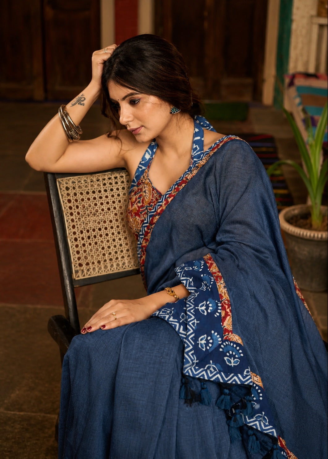 Neelambara Cotton Saree with Kalamkari-Inspired Detailing