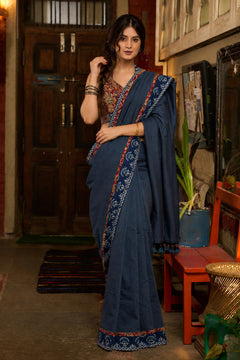 Neelambara Cotton Saree with Kalamkari-Inspired Detailing